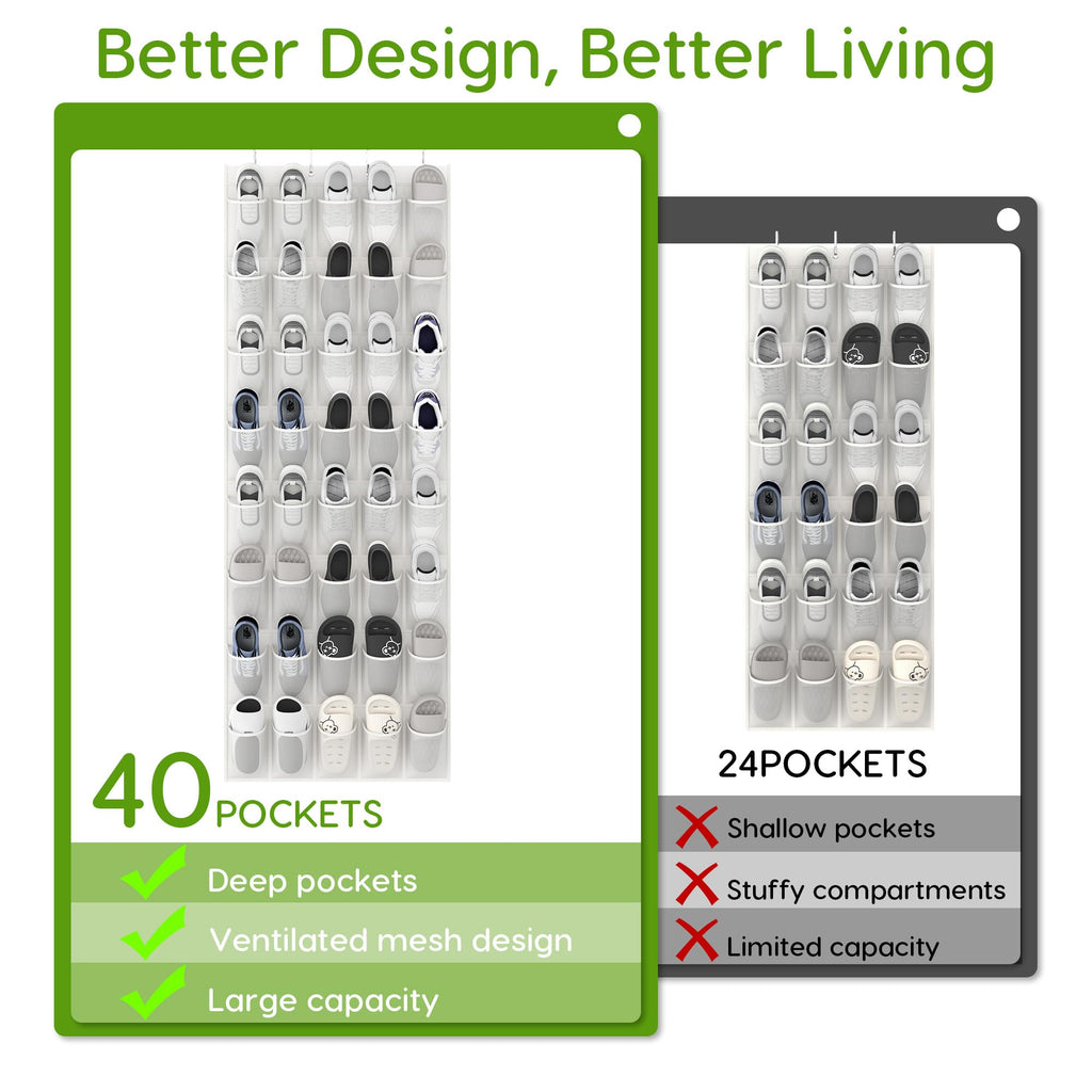 Unjumbly Over the Door Shoe Organizer with 40 Large Breathable Mesh Pockets, Space Saving Shoe Holder, Hanging Shoe Rack for Entryway Bedroom Closet Storage (White, 40 Pockets)