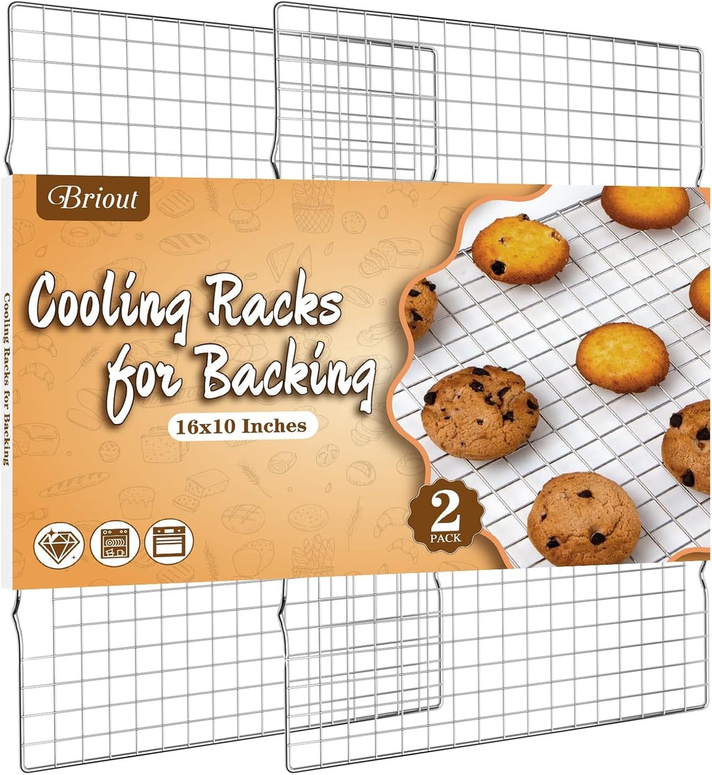 Skiennix Cooling Rack for Baking - 2-Pack, 16x10 Inches, Oven Safe, Thick Wire Design, Silver