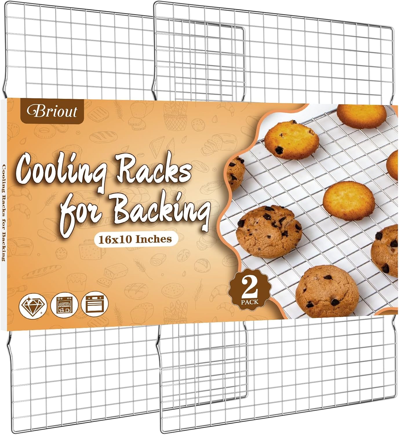 Skiennix Cooling Rack for Baking - 2-Pack, 16x10 Inches, Oven Safe, Thick Wire Design, Silver