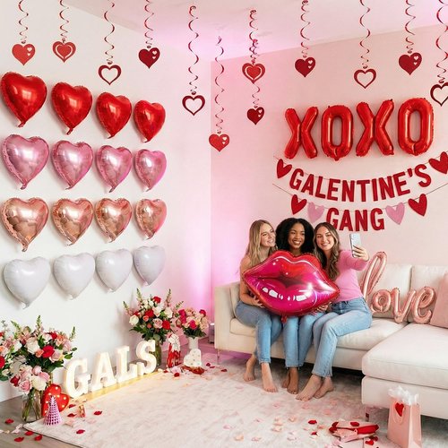 Galentine’s Day Decorations Pack – Heart Balloon Wall Kit with XOXO Balloons, Galentines Gang Banner & Hanging Hearts, Girls Night & Bachelorette Party Decor Set