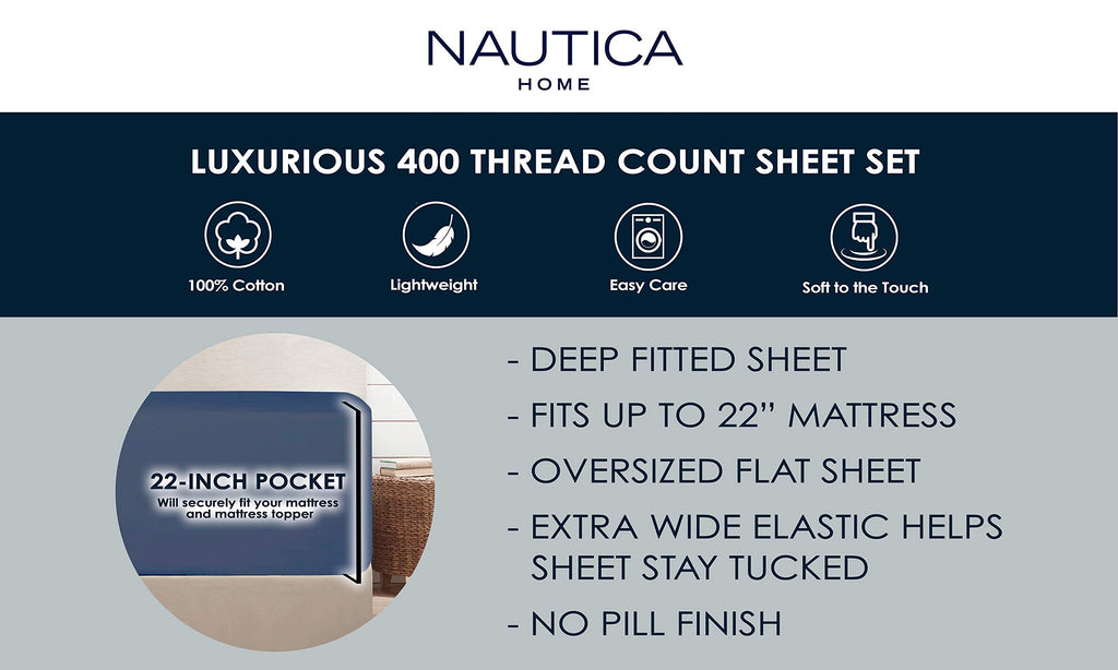 Nautica - Queen Sheets, Cotton Sateen Bedding, 400 Thread Count, Silky Smooth & Wrinkle Resistant (Regatta Navy, Queen)