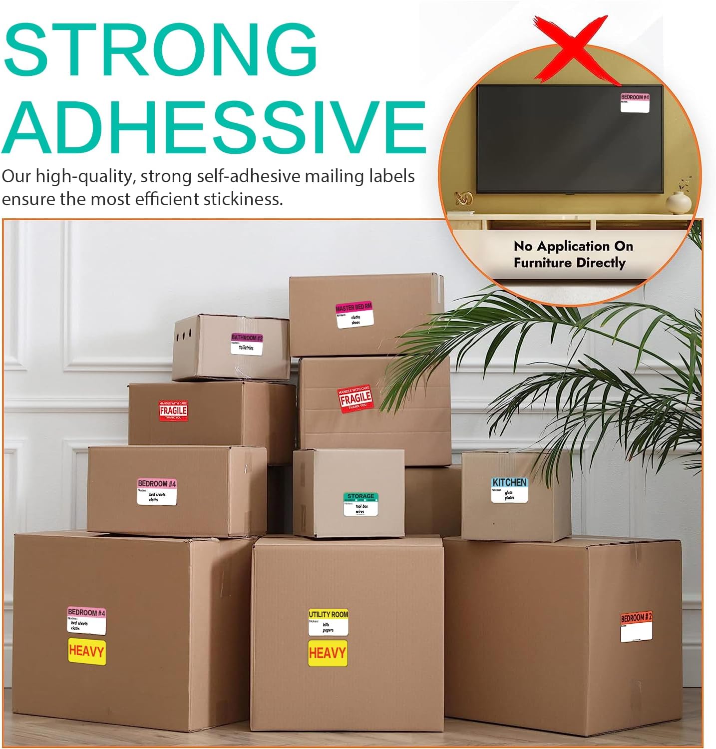 Regine Switzerland 600 Count Moving Packing Box Labels - Color Coded & Writable for 3-4 Bedroom Homes