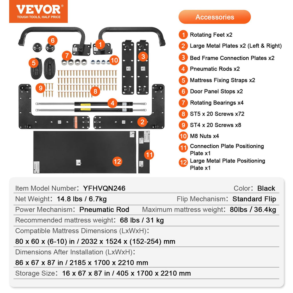 VEVOR Murphy Bed Kit, Queen Size, Vertical Deluxe DIY Wall Bed Mechanical Hardware Kit, Pneumatic Lever Heavy Duty Bed Frame Support, Folding Cabinet Wall Bed Space Saving Design for Guestroom