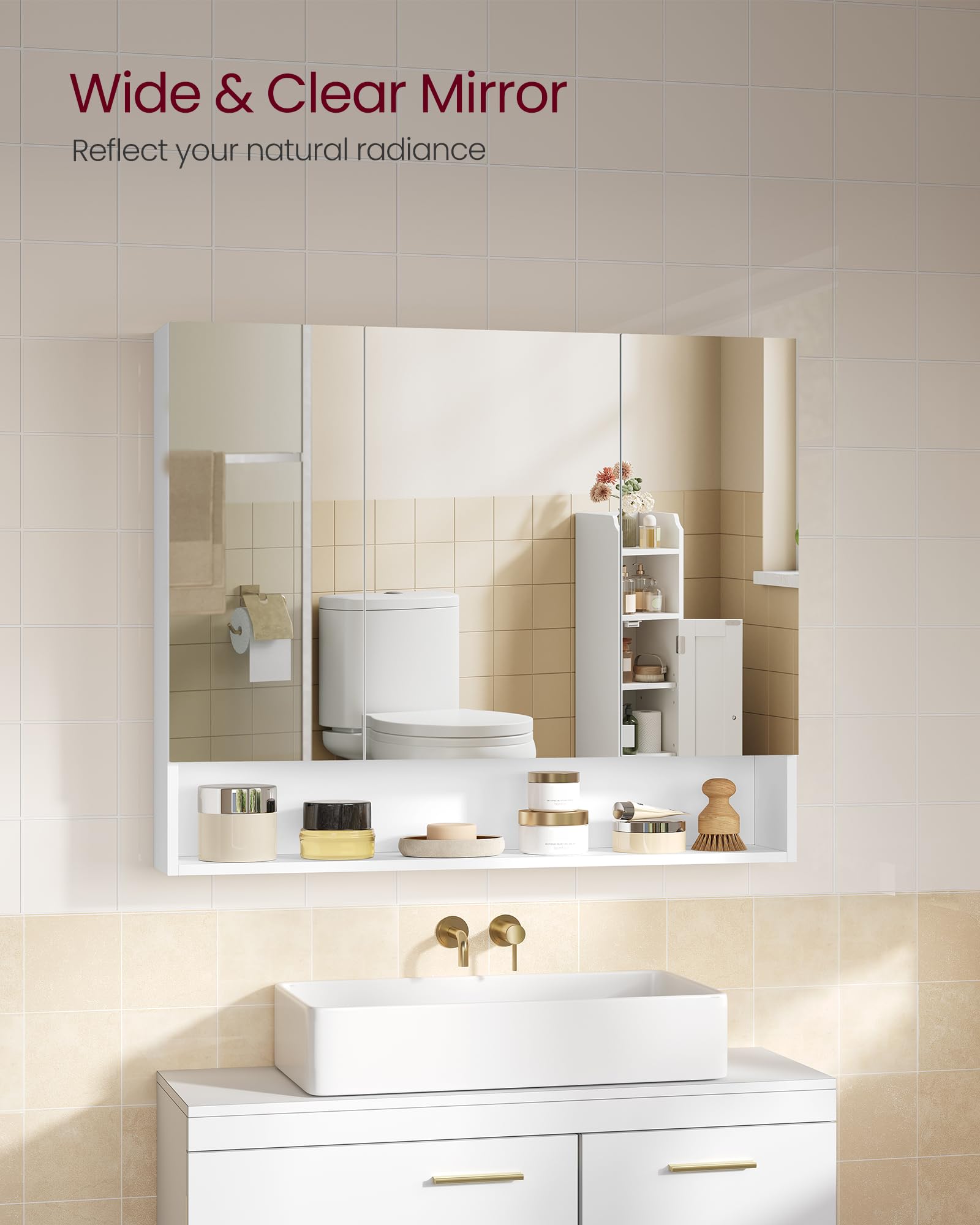 VASAGLE Kailyn Collection - Medicine Cabinet Mirror, Bathroom Wall Mirror Cabinet with Storage, Open Compartment, Adjustable Shelves, Modern Style, 6.5 x 35.4 x 29.5 Inches, Cloud White UBBK130W01