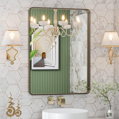 LOAAO Bronze Bathroom Mirror - 20”x30” Rounded Rectangle with Anti-Rust Brushed Metal Frame | Versatile Hanging Options