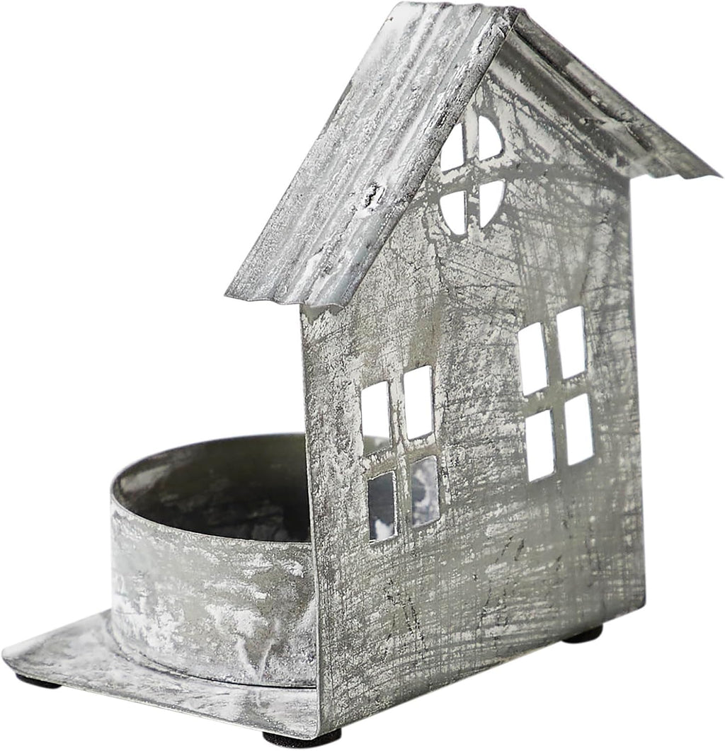 Metal Village House Tealight Holder by [Brand Name] - Antique Grey, 3.25x2.75x2 Inches