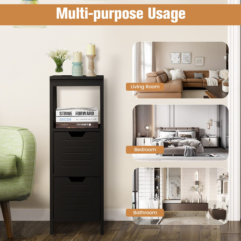 COSTWAY Bathroom Storage Cabinet, Freestanding Wooden Side Storage Cabinet with 2 Adjustable Drawers, Space-Saving Floor Cabinet for Living Room Bathroom Bedroom Entryway (Black)
