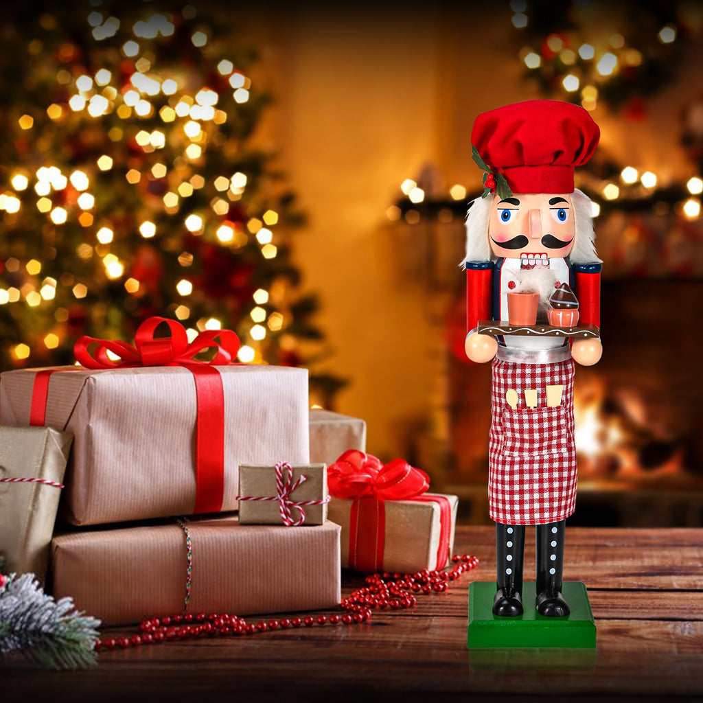 WODICY Christmas Nutcracker Décor Figures, 15 inches Chef Wooden Nutcracker Ornaments with Cup Cake and Chef hat for Kitchen Shelves Tabletop Festival Decorations Gift