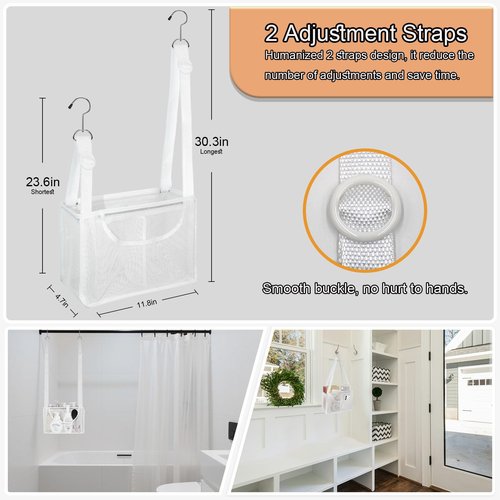 Haoyunll PVC Mesh Hanging Shower Caddy Organizer with 2pc Magnetic Hooks, Portable Adjustable Travel Bathroom Bag with Pockets for RV, Camping, Cruise, Dorm, Gym, White, 12“x5 x7（LxWxH）
