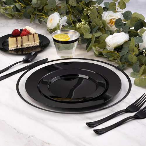 Goodluck 12 Inch Disposable Charger Plates Plastic, 100 Pack Plastic Clear Charger with Black Rim for Dinner, Wedding, Party