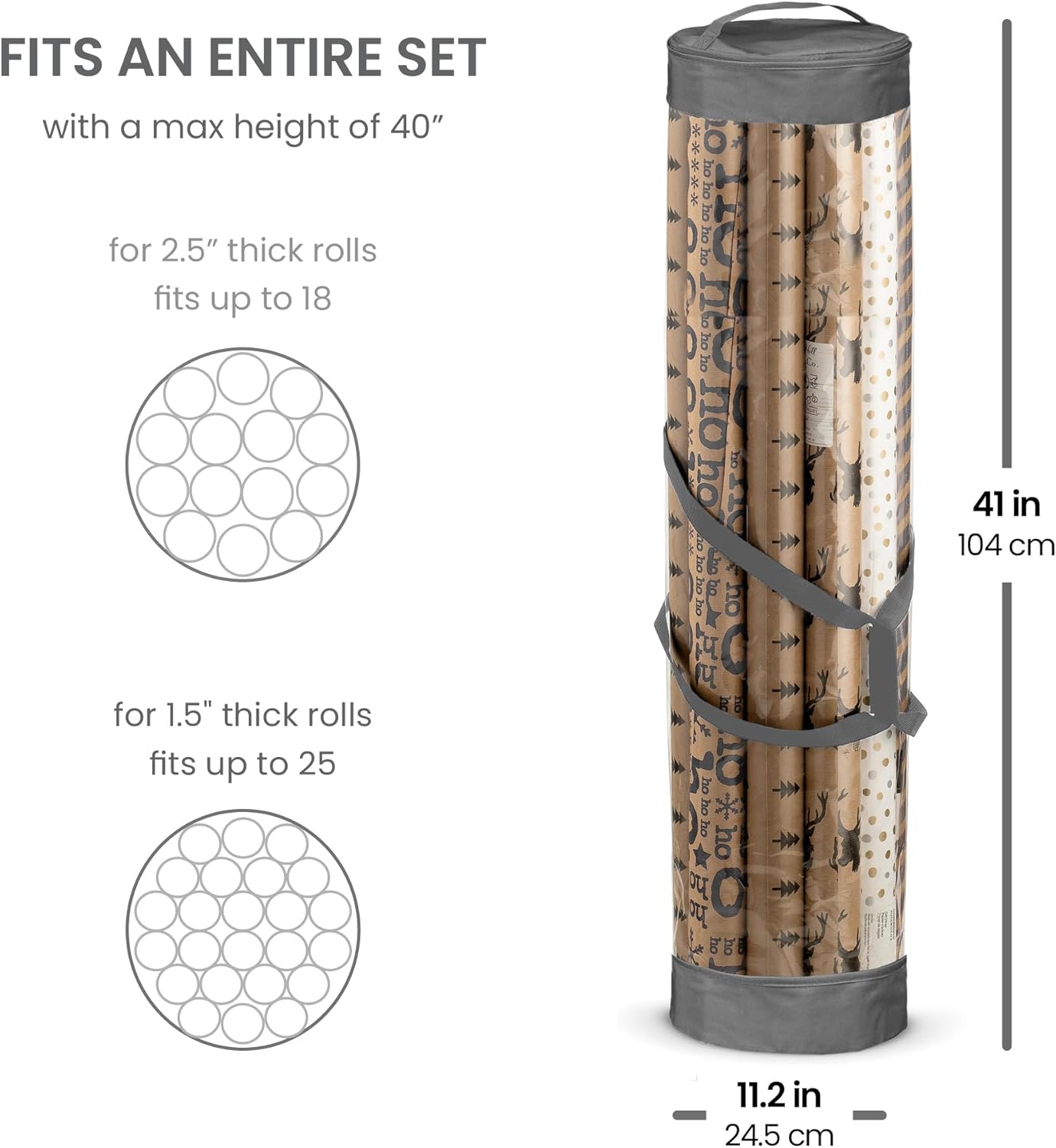 ZOBER Gift Wrap Storage Organizer - 40-Inch Round Wrapping Paper Holder | Durable PVC & 600D Oxford Fabric - Gray