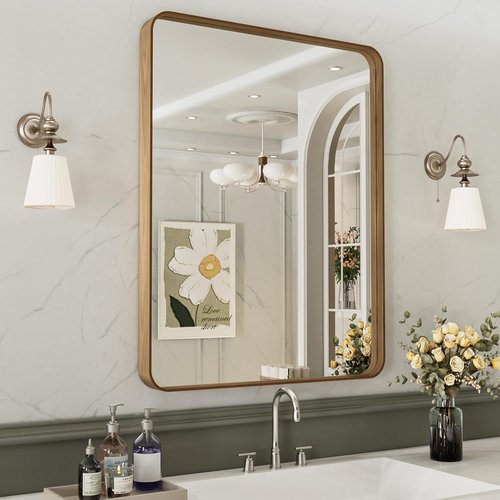 LOAAO Bathroom Mirror - 20X30 Inch Rounded Rectangle Design with Wood Grain Metal Frame | Anti-Rust, Versatile Hanging Options