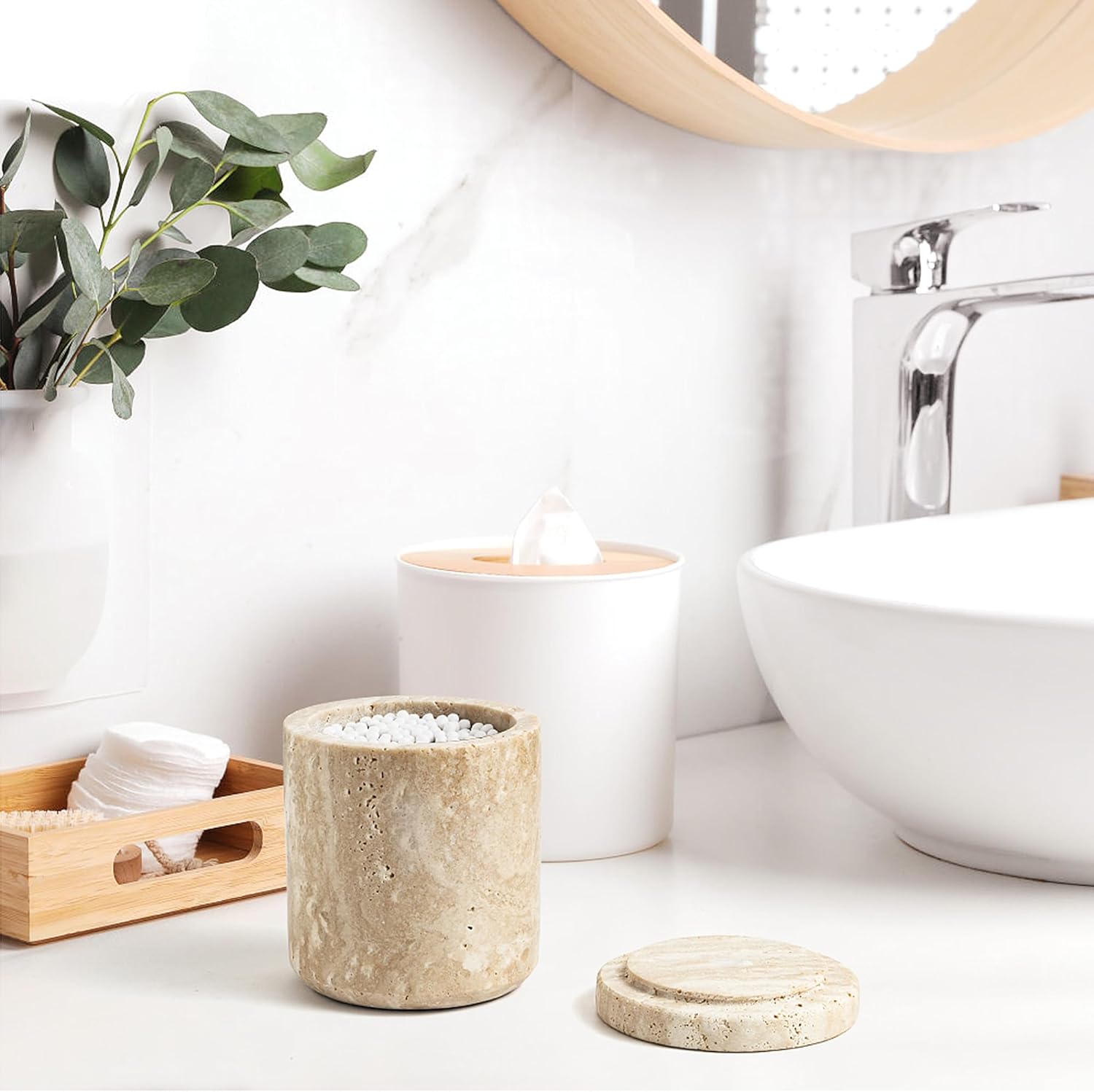 WORHE Travertine Qtip Holder Dispenser - Large Capacity Marble Jar for Bathroom Essentials | Beige
