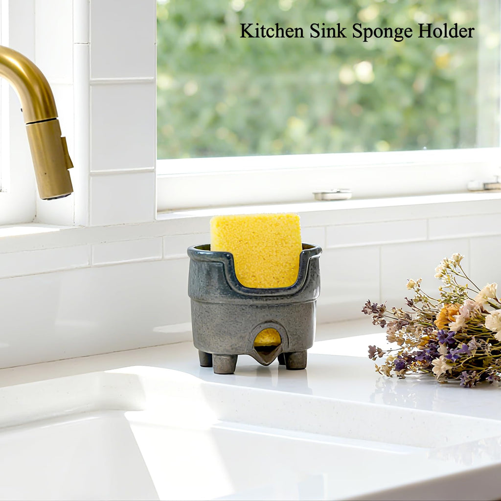 wowhalolo Ceramic Sponge Holder with Drainage, Farmhouse Sink Caddy Organizer, Self Draining Design for Sponges,Soap,Brushes, Compact Rustic Kitchen Accessory, Keeps Counter Dry（Country Blue）