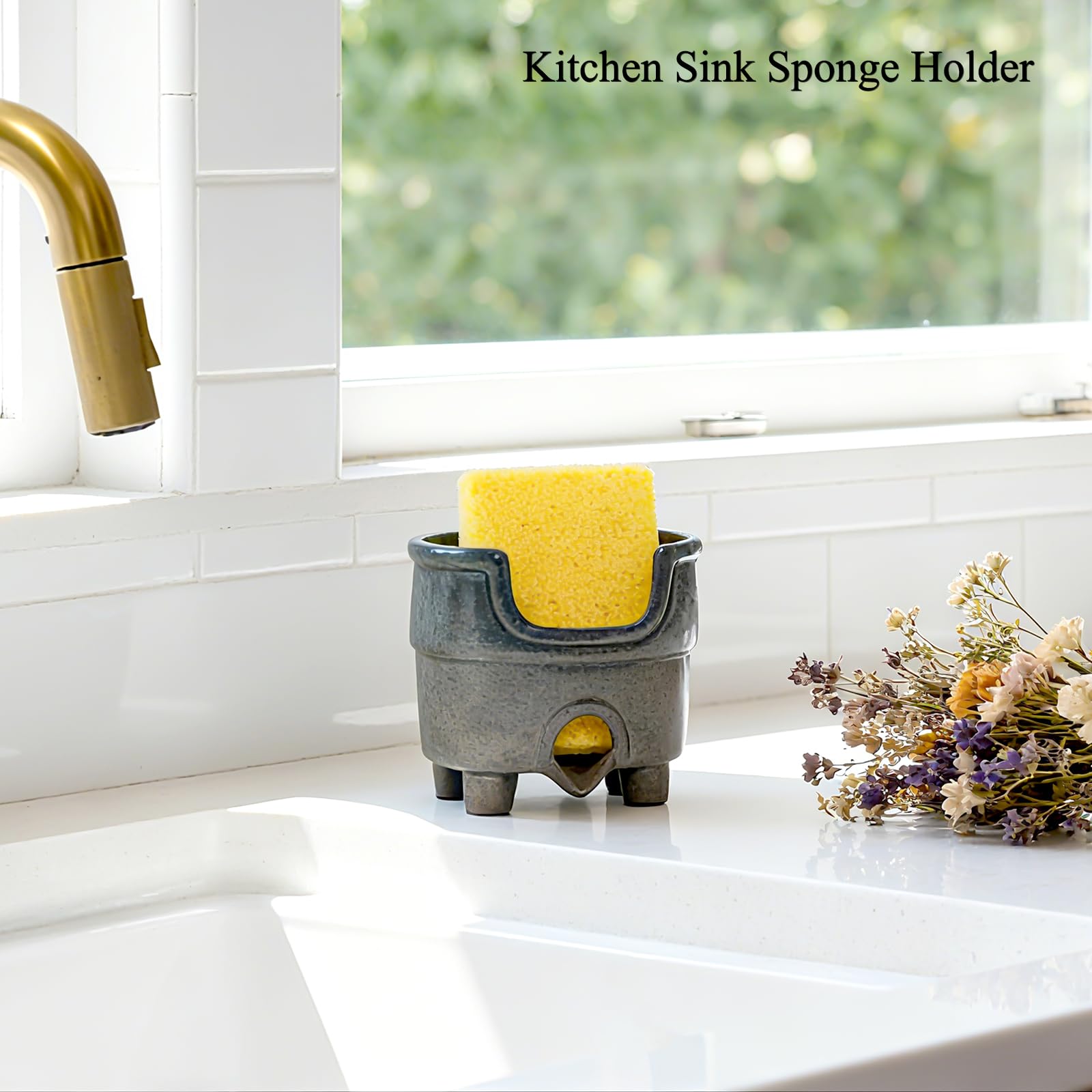 wowhalolo Ceramic Sponge Holder with Drainage, Farmhouse Sink Caddy Organizer, Self Draining Design for Sponges,Soap,Brushes, Compact Rustic Kitchen Accessory, Keeps Counter Dry（Country Blue）