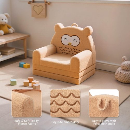 Tivellary Toddler Couch, 3-Fold Convertible Kids Couch with Cute Owl Design, Fold Out Toddler Chair for 1-3 Years Old, Soft Baby Sofa Bed for Playroom, Washable Cover