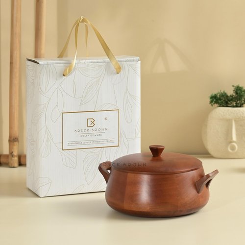 Brick Brown ® Handcrafted Wooden Handi Roti Box Mahogany Finish | Chapati Box for Kitchen | Hot Pot Casserole for Roti Server Tableware Serving | Case Roti Dabba with Lid (10.7 × 8.8 × 5.6 In)