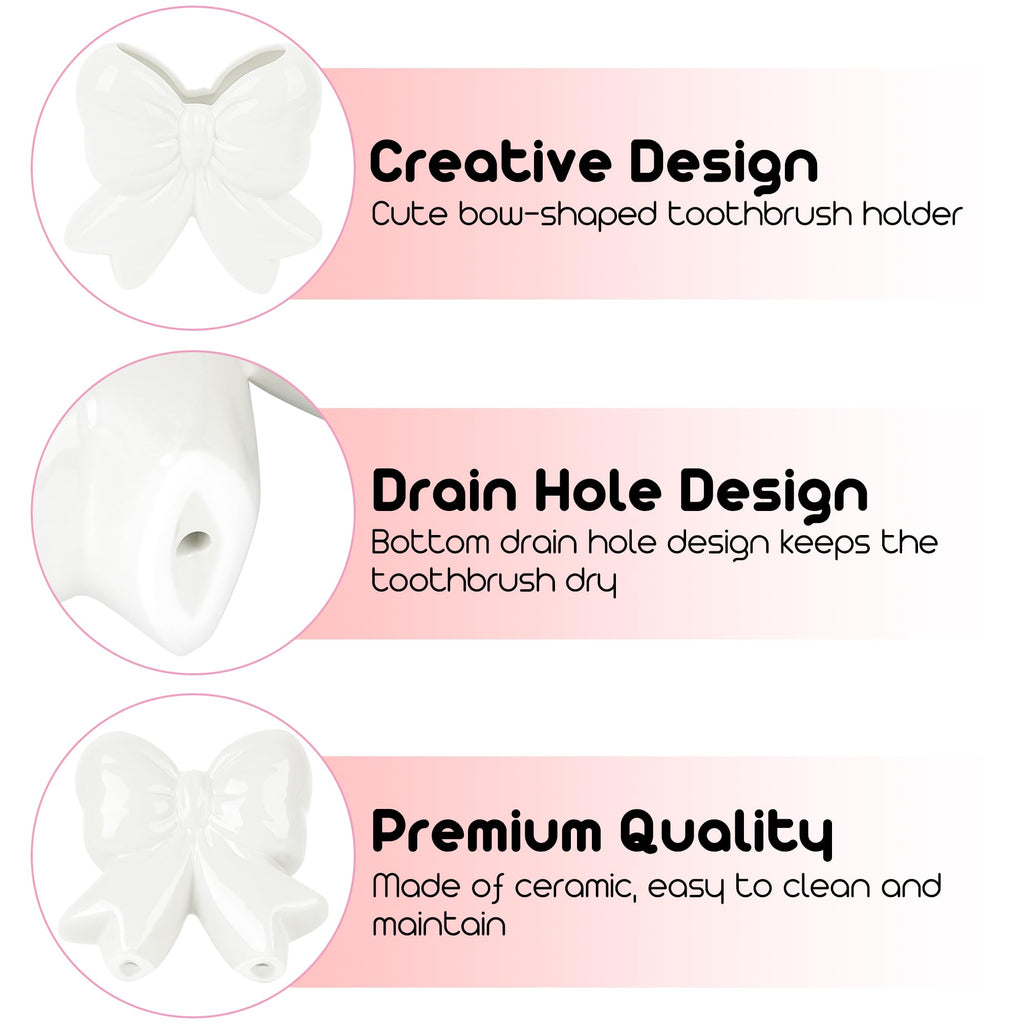 Biiange Cute Toothbrush Holder, Ceramic Bow Toothbrush Holder, with Drain Hole Bathroom Countertop Accessories, for Bathroom Canister Storage Organization, Vanity Makeup Organizer (White)
