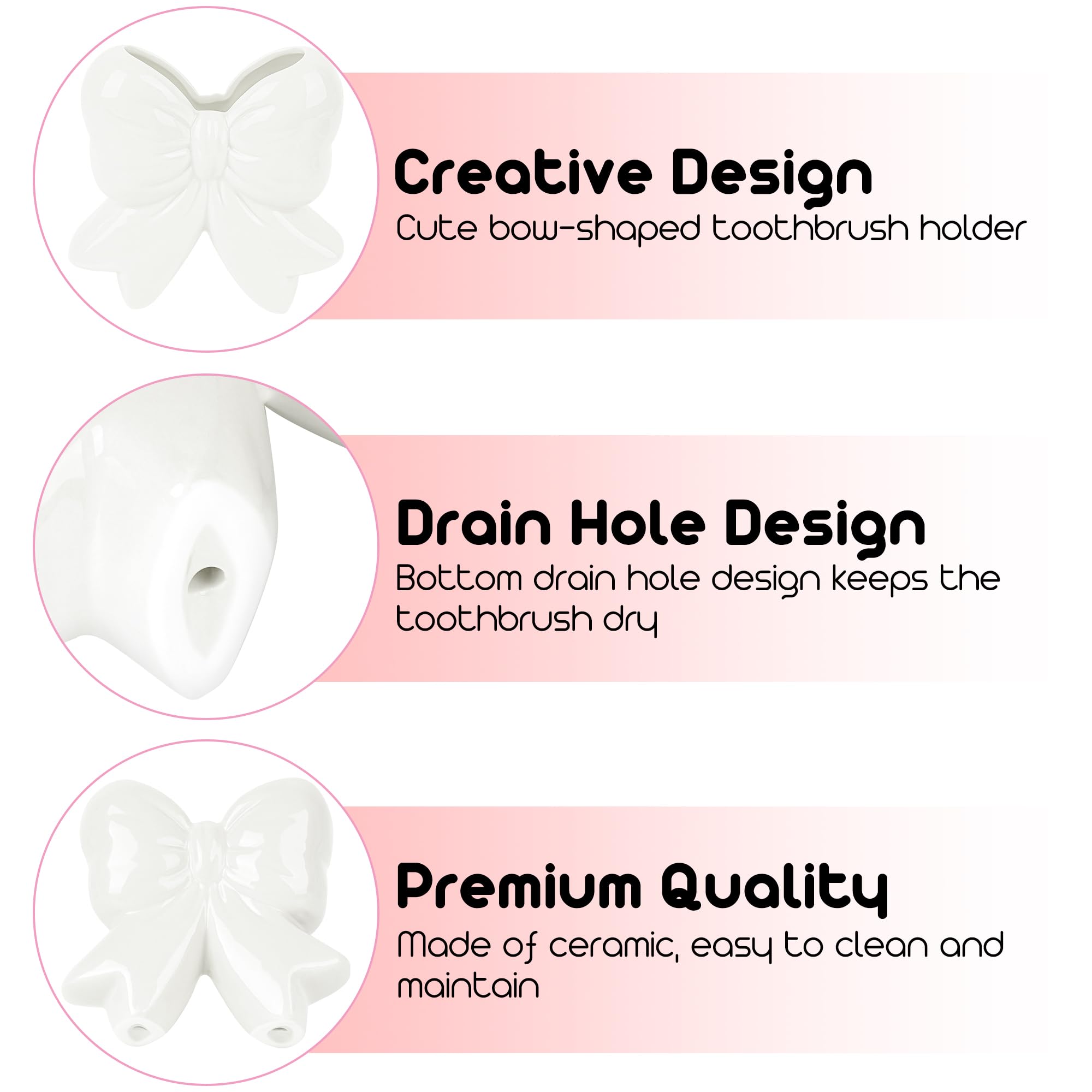 Biiange Cute Toothbrush Holder, Ceramic Bow Toothbrush Holder, with Drain Hole Bathroom Countertop Accessories, for Bathroom Canister Storage Organization, Vanity Makeup Organizer (White)