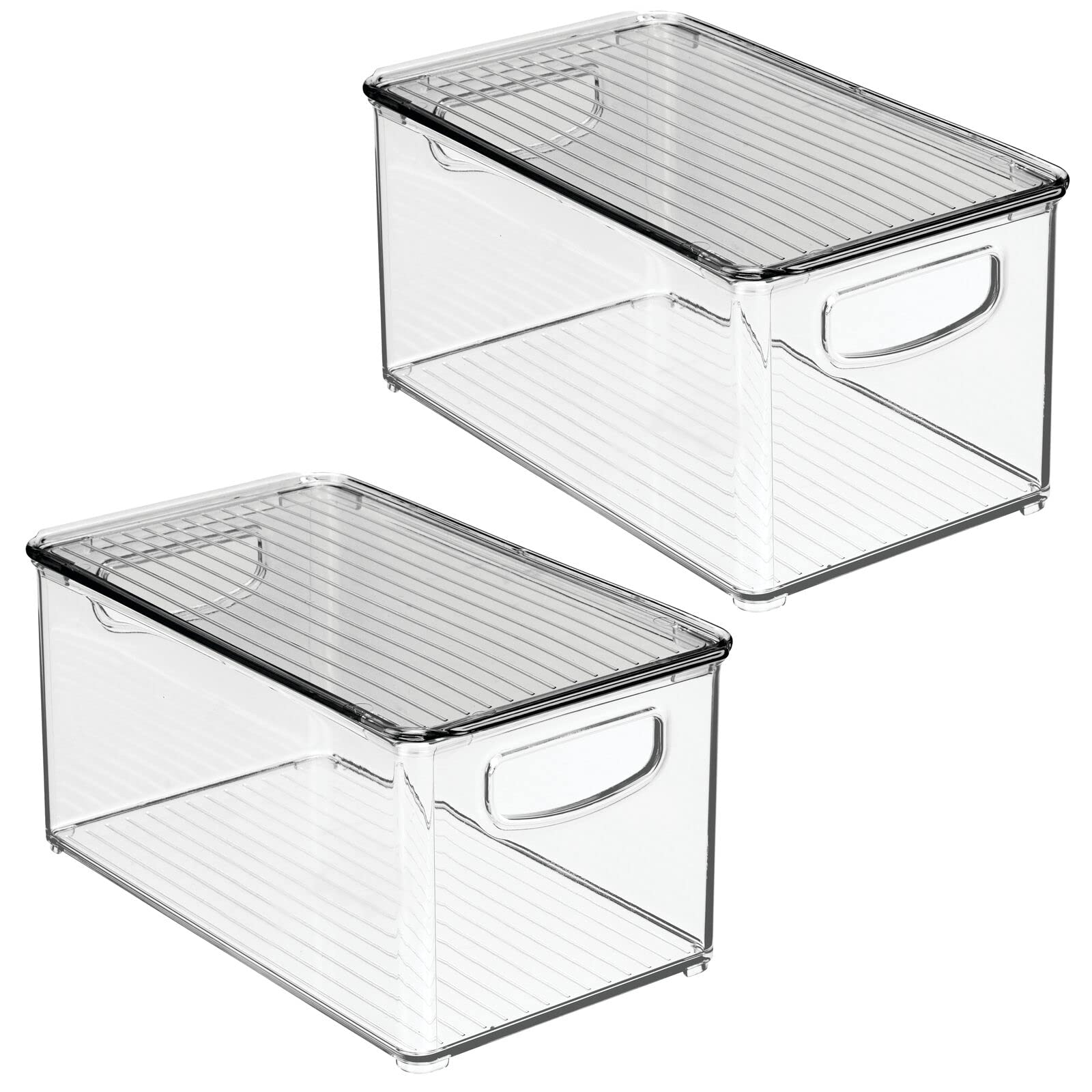 mDesign Deep Plastic Bathroom Storage Bin Box, Lid/Built-in Handles, Organization for Makeup, Hair Styling Tools, Toiletry Accessories in Cabinet, Shelves, Ligne Collection, 2 Pack, Clear/Smoke Gray
