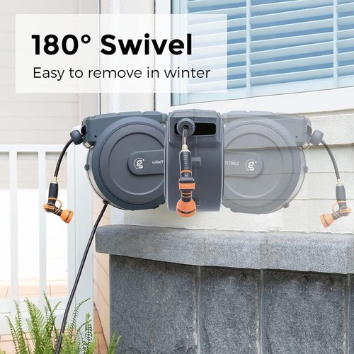 Giraffe Tools Retractable Garden Hose Reel - 90 Ft Wall-Mounted with 180° Swivel Bracket & 9 Pattern Nozzle