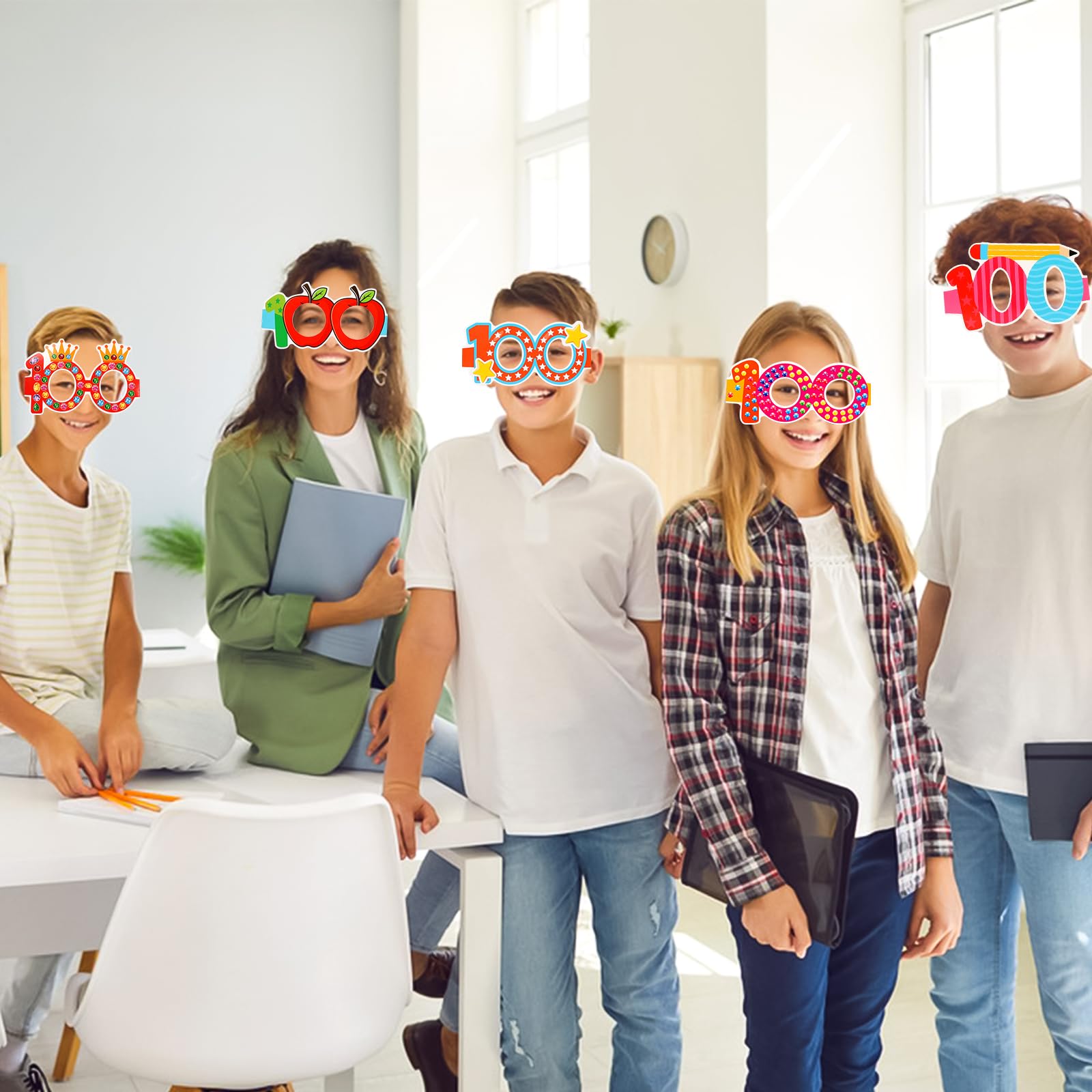 YVAINE 24 Pcs 100 Days of School Party Glasses,Funny Happy 100th Day of School Paper Novelty Glasses Photo Booth Props Frames,100 Days Smarter Costume Supplies Hooray 100 Days Party Eyeglasses