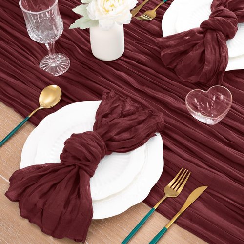 MLMC Burgundy Red Table Runner 10ft Wine Red Cheesecloth Table Runner Sheer Gauze Cheese Cloth Centerpiece 35x120 Inches for Wedding Bridal Shower Anniversary Events Decor