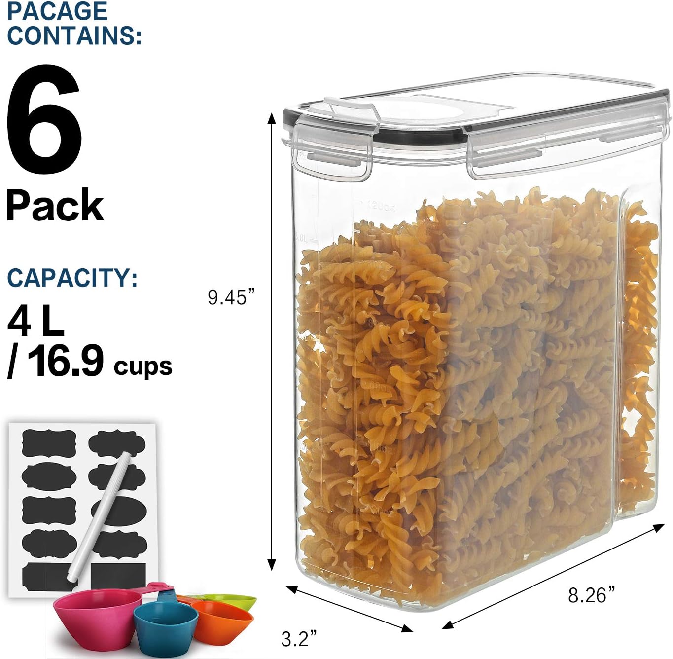 MCIRCO Cereal Container Set - Airtight Food Storage Dispensers with Measuring Tools | 6-Pack (4L/135.2oz)