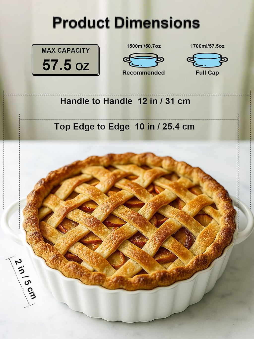 Skiennix Deep Ceramic Pie Pan - 10x2 Inch with Easy Grip Handles | Lead-Free, Oven Safe for Baking