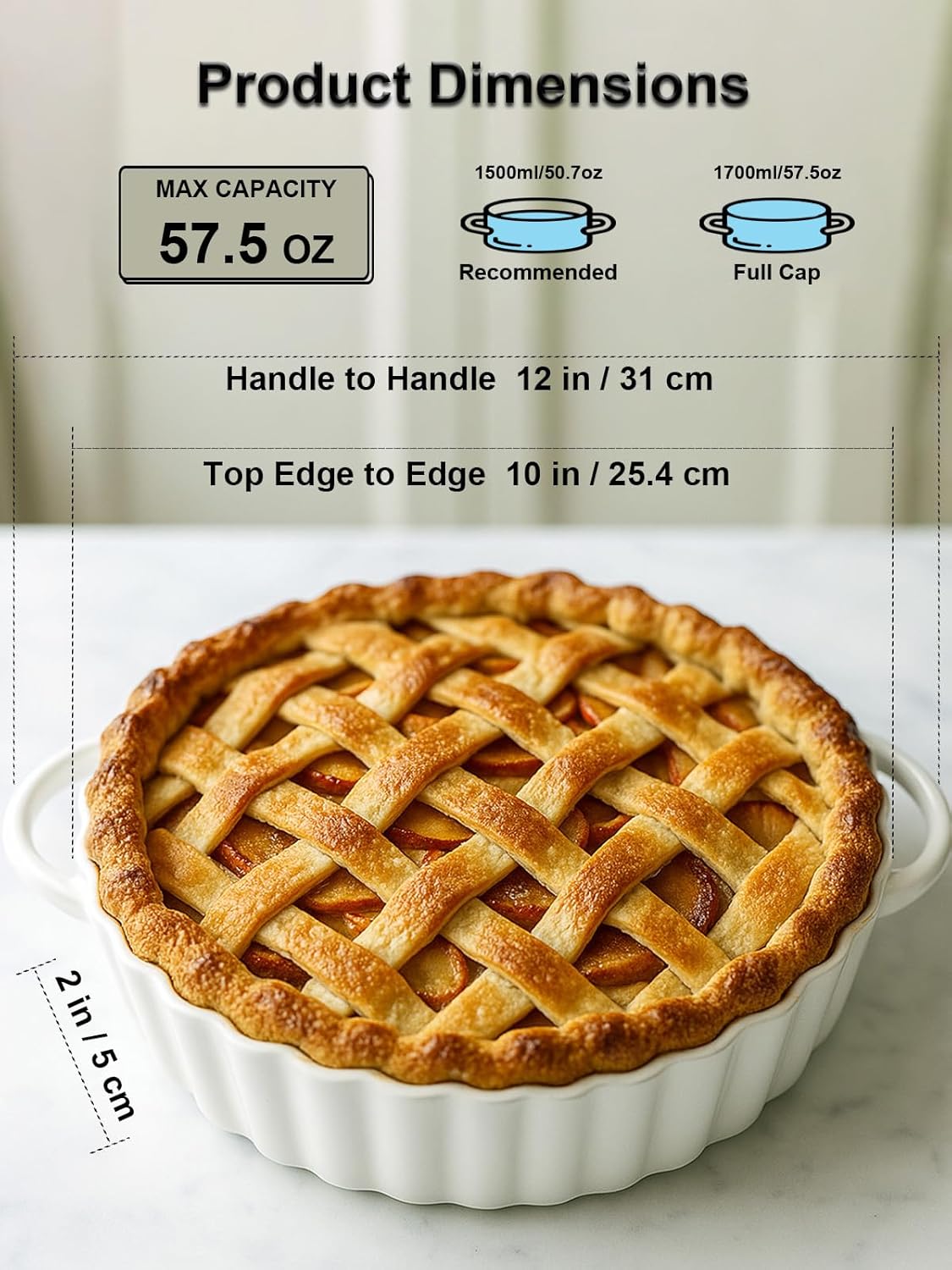 Skiennix Deep Ceramic Pie Pan - 10x2 Inch with Easy Grip Handles | Lead-Free, Oven Safe for Baking