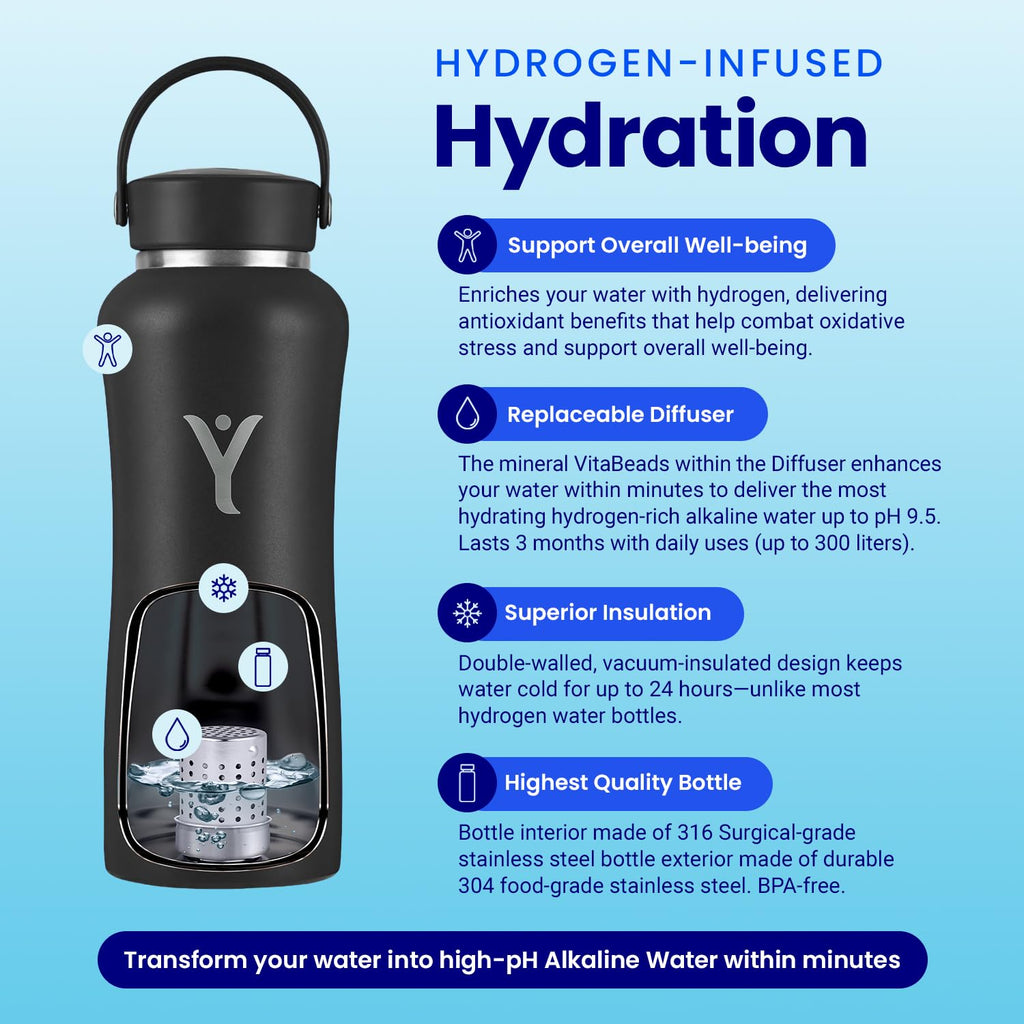 DYLN Hydrogen Water Bottle | Create Hydrating Alkaline Hydrogen-Rich Water Up to 9 pH | Vacuum Insulated Stainless Steel Water Bottle | Keeps Water Cold for 24 Hours | 32 oz, Crimson Red