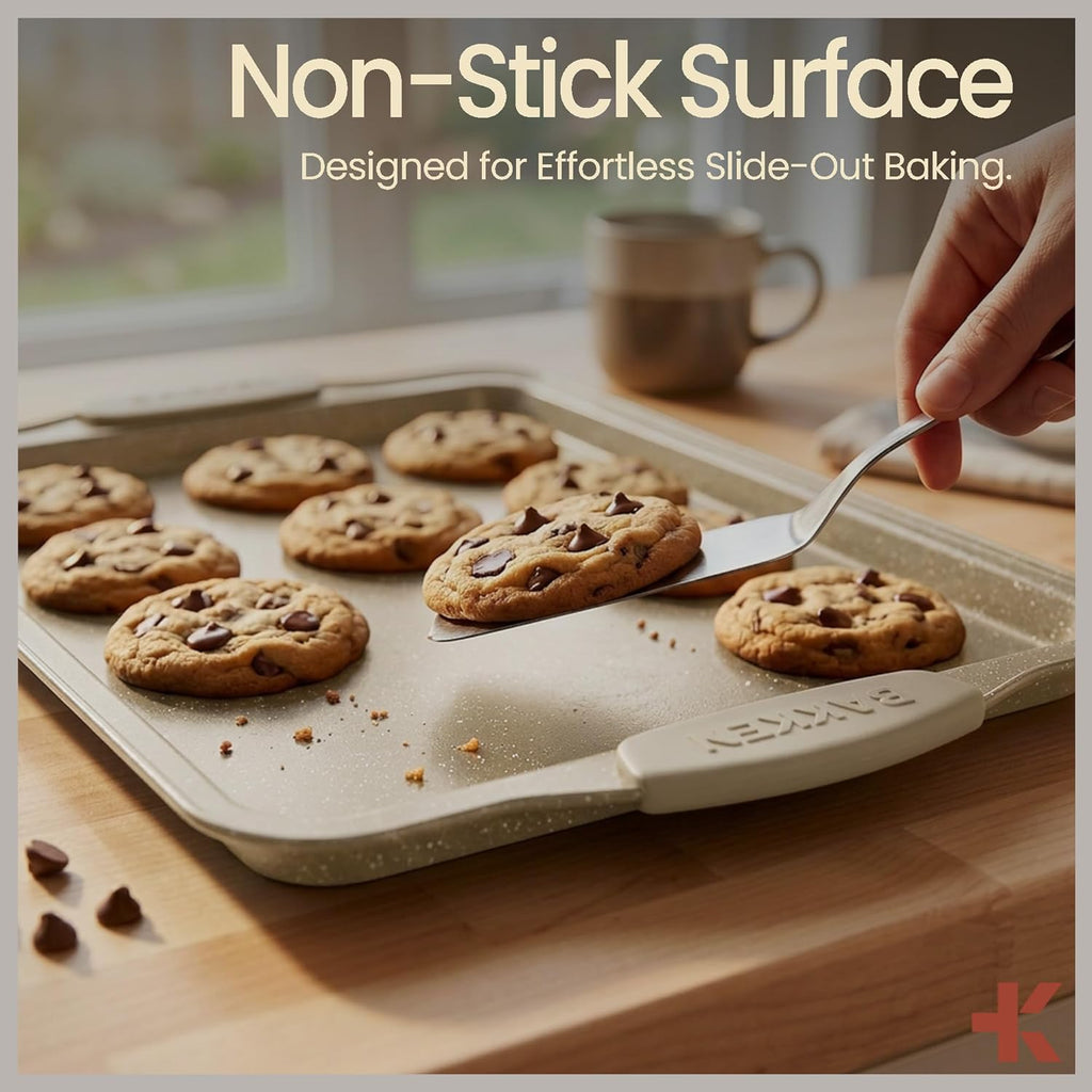 BAKKEN Nonstick Cookie Sheets Set - 3-Piece Stackable Carbon Steel Bakeware with Silicone Handles | White Marble