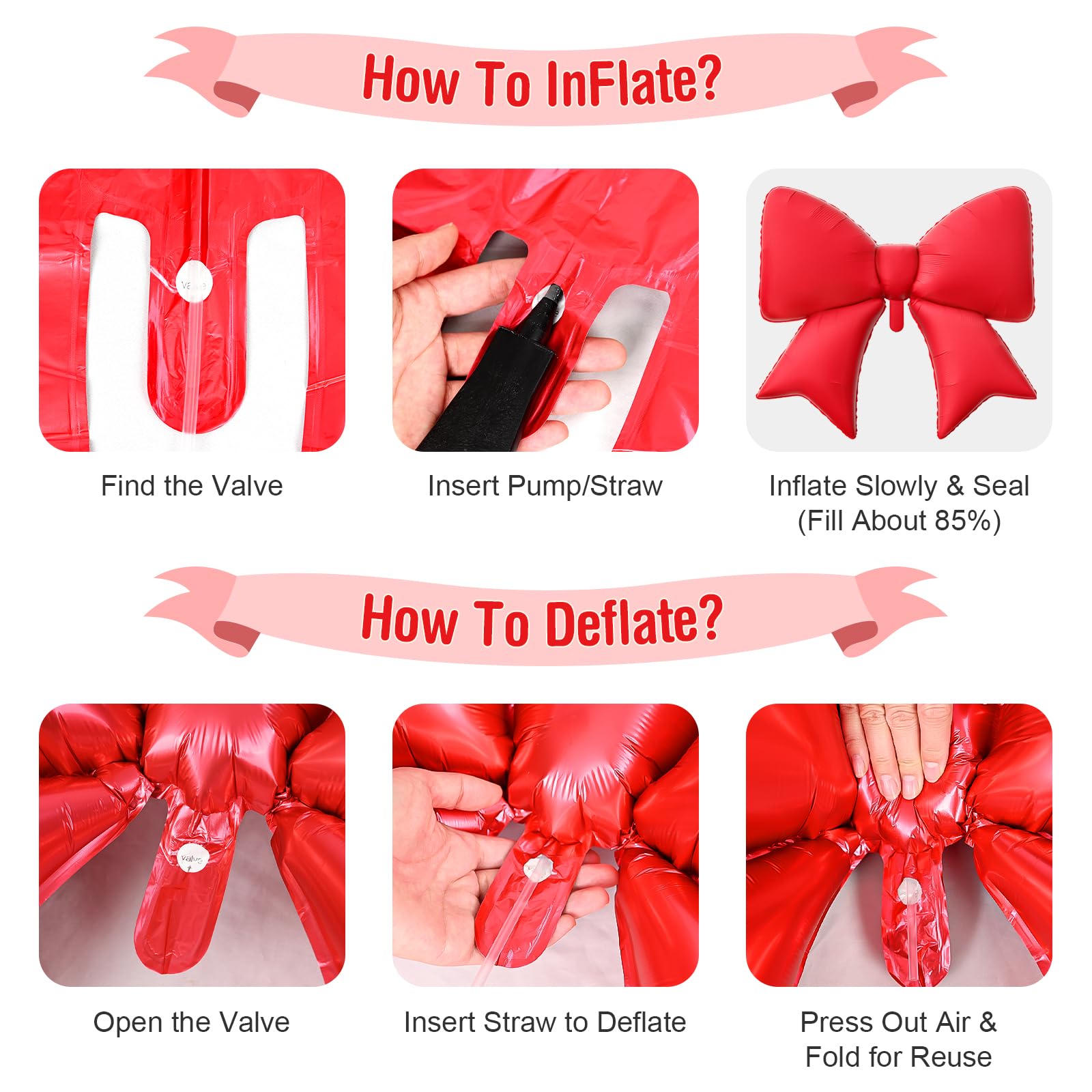 Red Pink Bow Birthday Decorations,38 Inch Helium Pink Red Bow Balloon Happy Birthday Balloons Banner Star Heart Foil Balloons for Women Men Party Supplies