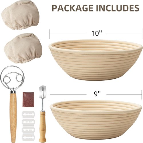Kikcoin Bread Proofing Basket Set - 9 Inch & 10 Inch Round Sourdough Baskets with Linen Liner & Tools