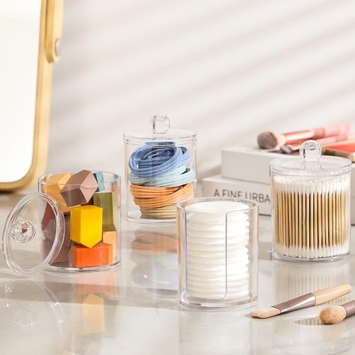 AOZITA Acrylic Qtip Holder Dispenser Set - 4 Clear Plastic Jars for Cotton Swabs & Vanity Organization