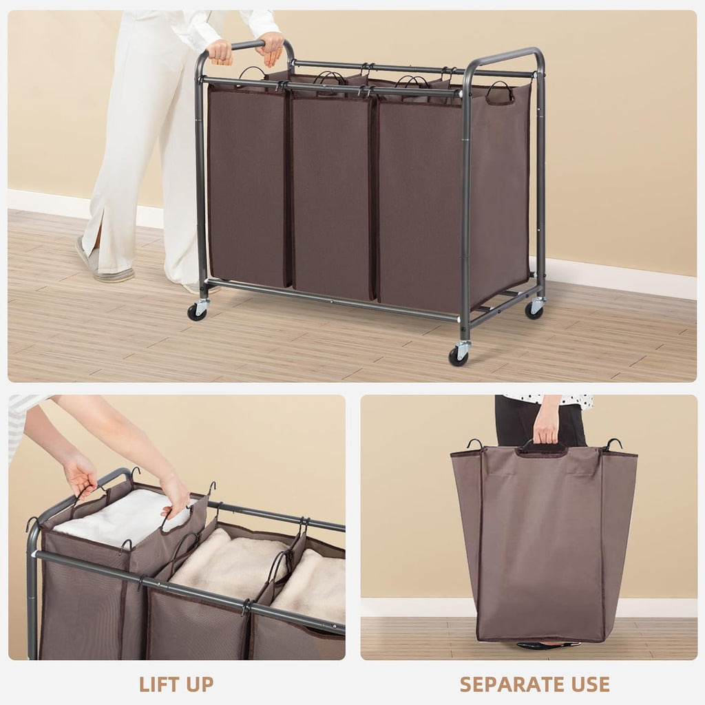Storage Maniac Laundry Sorter - 3 Section Hamper Cart with Lockable Wheels & Removable Bags | 35.9 Gal, Brown