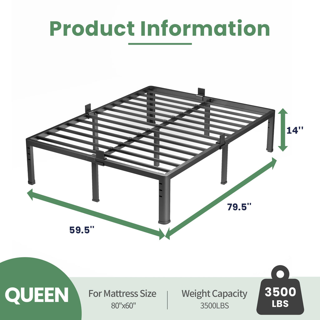 NKZ 14 Inch Queen Bed Frame, Sturdy Metal Platform with Round Corner Legs, 3,500 lbs Heavy Duty Steel Slat Support, Easy Assembly, Noise Free, No Box Spring Needed