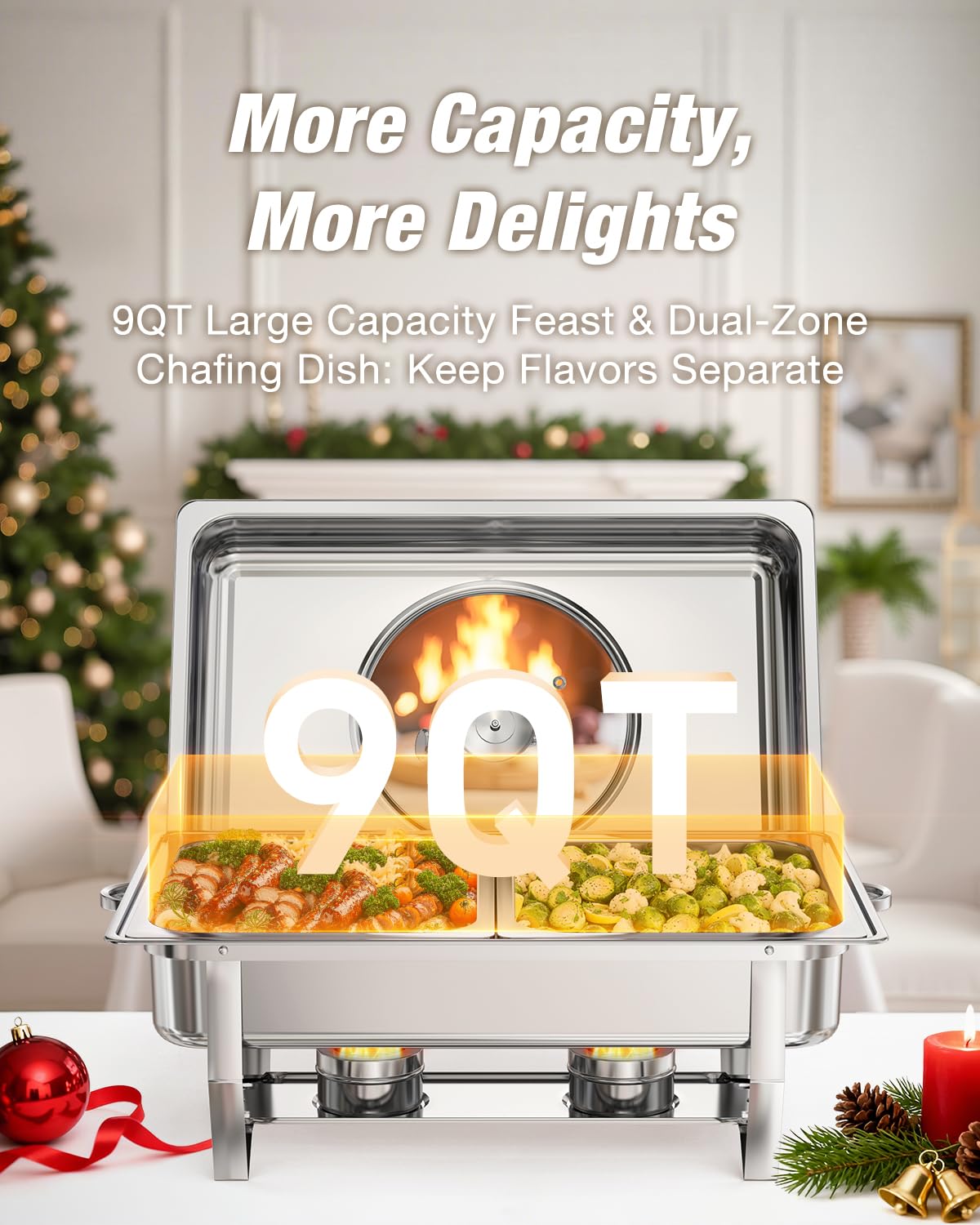WARMOUNTS Rectangular Chafing Dishes for Buffet with Glass Lid (9QT, 2 Pack), Large Chafers and Buffet Warmers Set w/Mirror-Polished Stainless Steel, Rolled Rim, Lid Holder, Foldable Frame for Party