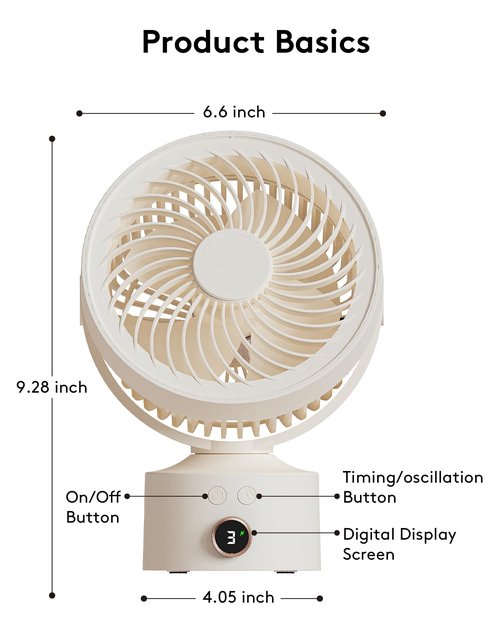 CARONSORT Desk Small Oscillating Fan for Bedroom, 9 Inch Table Fans Quiet,Desk Air Circulator Fan with 3 Speeds, 4H Time, Rechargeable Fan for Office/Dorm/Room-Beige