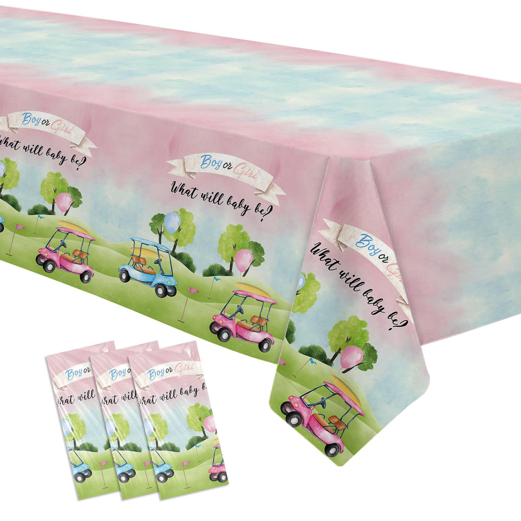 Xenorik Golf Gender Reveal Decorations Tablecloth - Disposable Blue Or Pink Golf Gender Reveal Party Supplies Table Cover, He Or She Golf Gender Reveal Party Table Cloth, 3 Pack (108in x 55in)