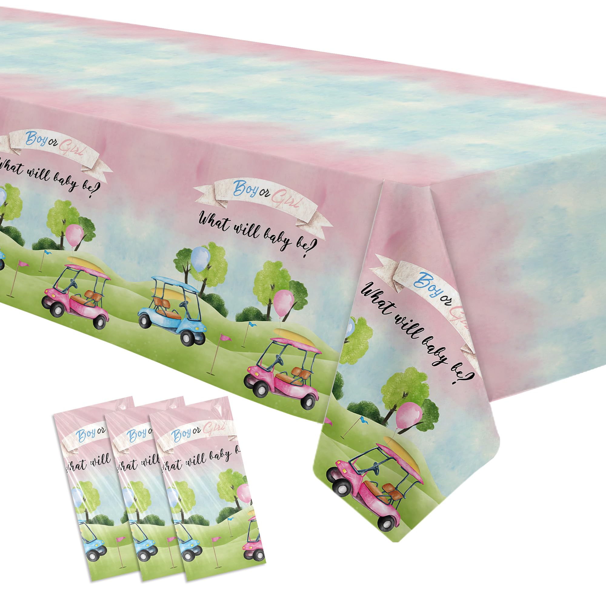 Xenorik Golf Gender Reveal Decorations Tablecloth - Disposable Blue Or Pink Golf Gender Reveal Party Supplies Table Cover, He Or She Golf Gender Reveal Party Table Cloth, 3 Pack (108in x 55in)