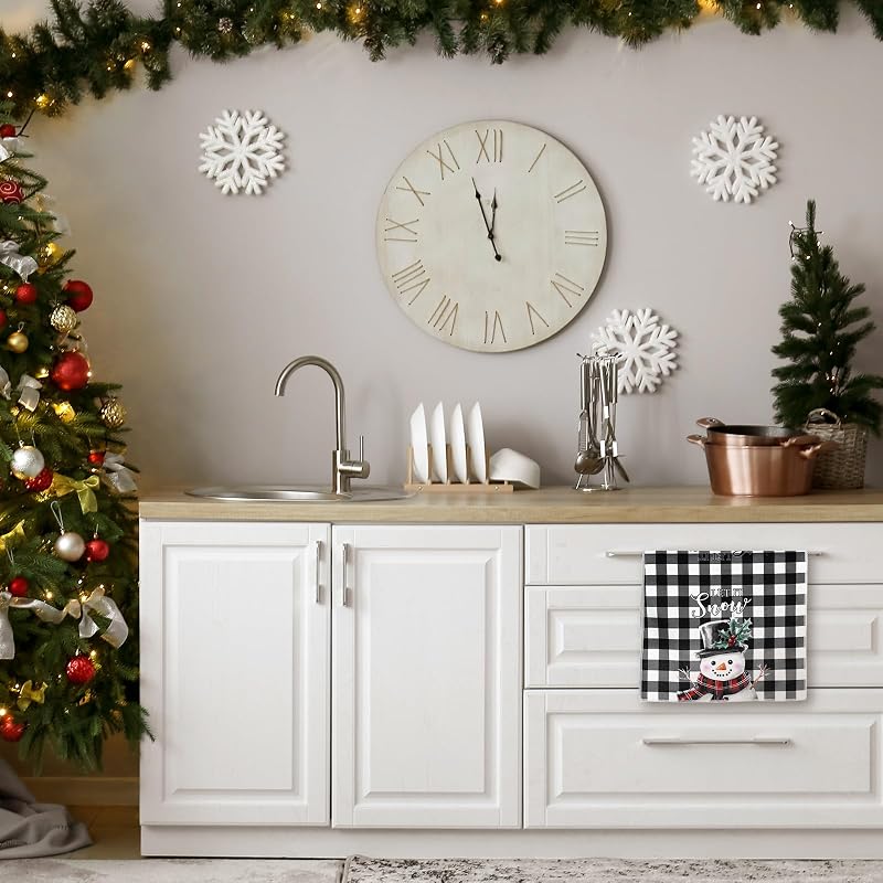 6 Pcs Christmas Kitchen Towels - Black & White Plaid, 16x24 in, 6-Pack (Variation: Black and White)
