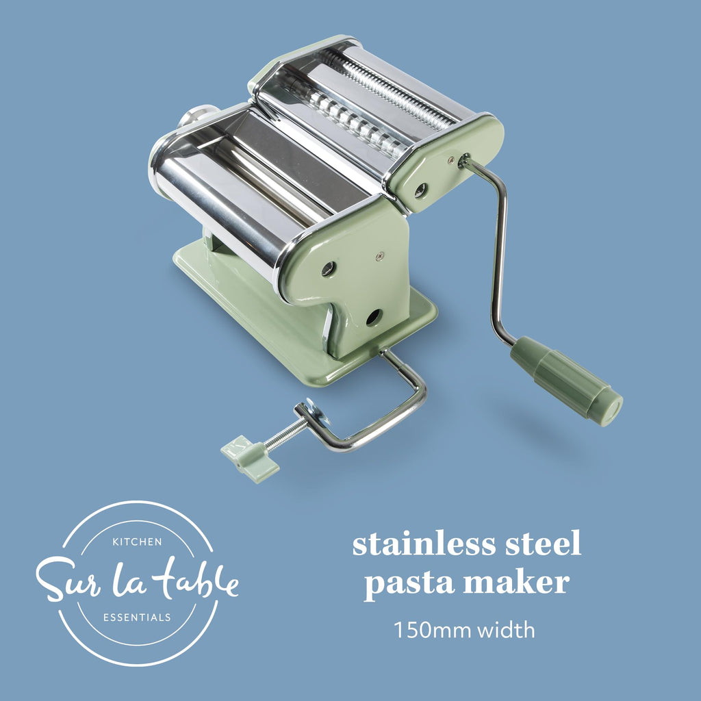Sur La Table Kitchen Essential Va Bene Manual Pasta Maker Machine Noodle Maker w/Rollers & Cutters - Spaghetti, Fettuccini, Lasagna or Dumpling Skin - Stainless Steel/Juniper Green