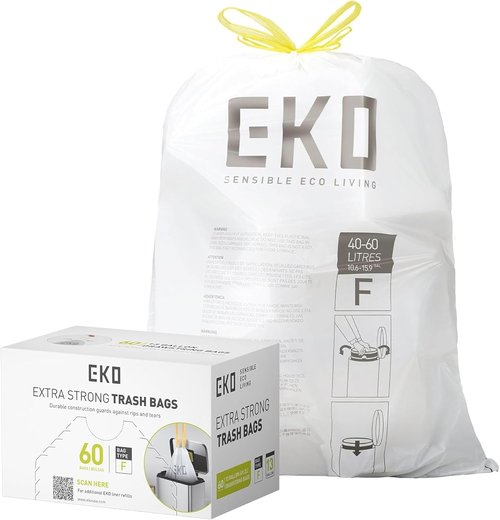 EKO 13 Gallon Drawstring Trash Bags - Extra-Strong, Unscented, Leak-Resistant | 60 Count Roll for Kitchen & Household Use