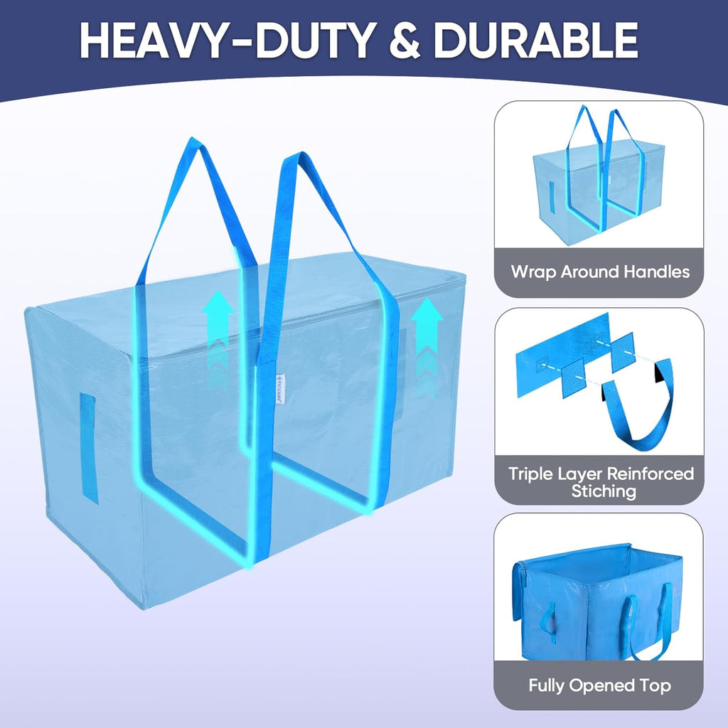 TICONN Extra Large Moving Bags - Heavy Duty Storage with Zippers & Handles | 6 Pack, Sky Blue