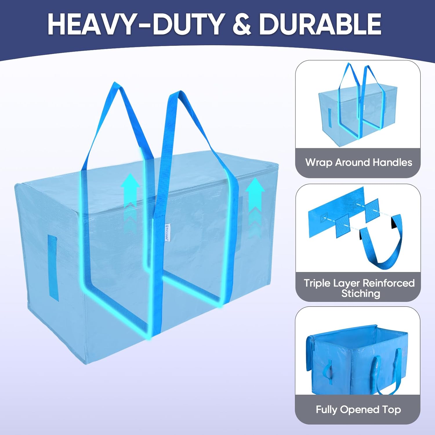 TICONN Extra Large Moving Bags - Heavy Duty Storage with Zippers & Handles | 6 Pack, Sky Blue