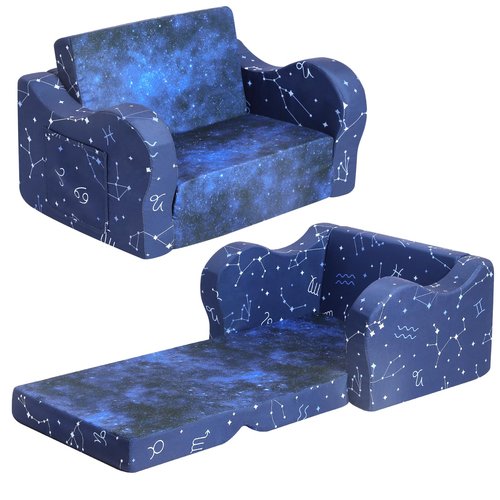 MOMCAYWEX Kids Sofa, 2-in-1 Flip-Out Foam Couch, Foldable Soft Play Lounge Chair, Blue