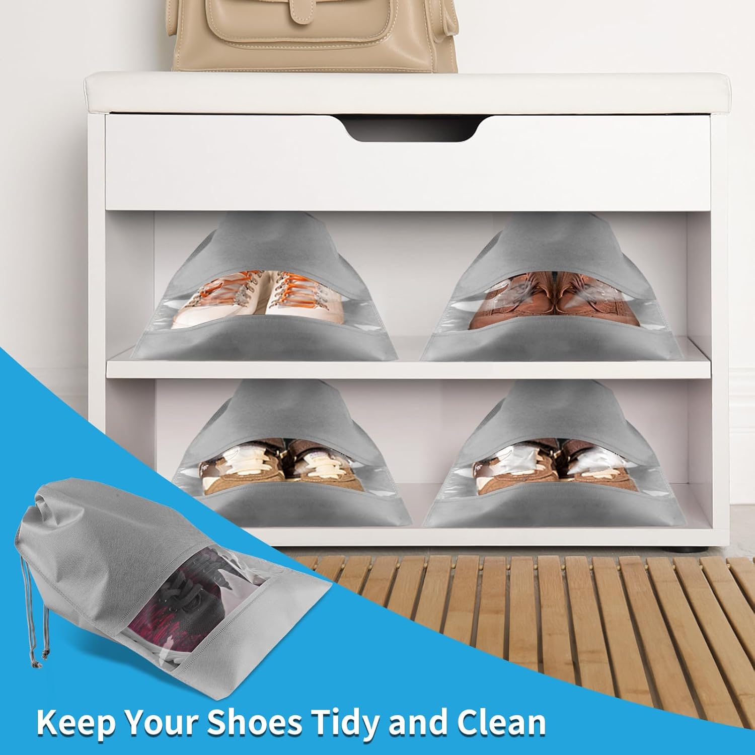 Skiennix Travel Shoe Bags - 5 Large Non-Woven Drawstring Storage Bags with Clear Window | Gray (12.6" X 17.3")