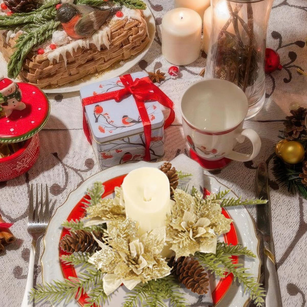 Regine Switzerland Christmas Candle Ring Wreath - Gold Glitter Poinsettia & Pinecone Decoration for Holiday Tables