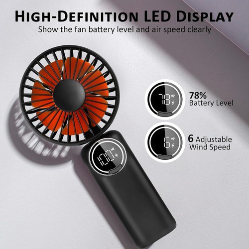 LtYioe Portable Handheld Fan - Rechargeable Mini Desk Fan with LED Display & 180° Foldable Design | Black